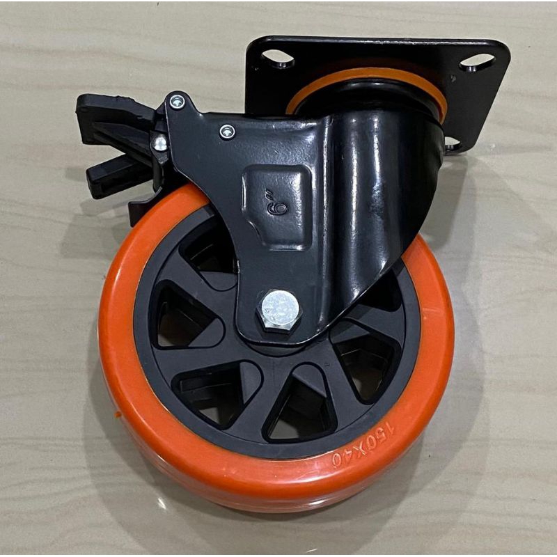 Jual roda troli PU orange 6 inchi hidup pakai rem swivel break roda ...