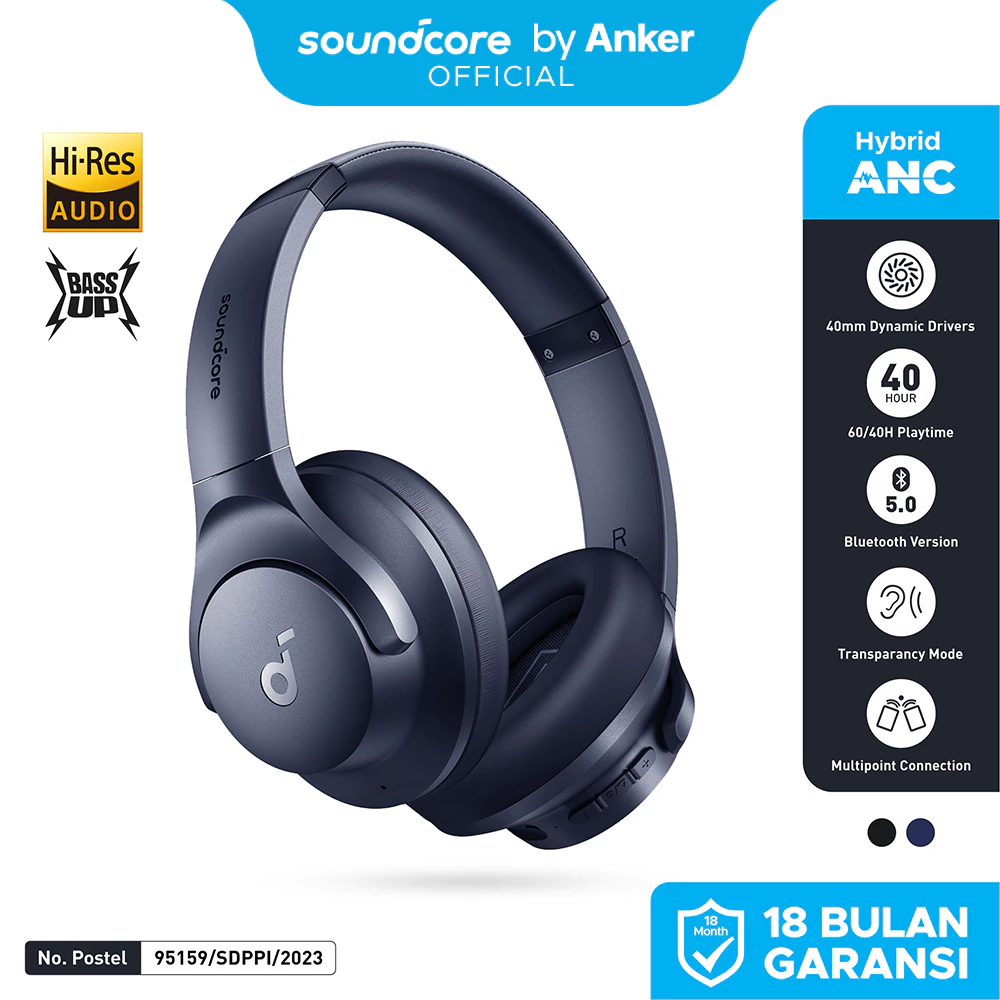 Soundcore by Anker Q20i Bluetooth Headphones with Mic Hi-Res Hybrid ANC Headset with Noise Cancelling Wireless Headphone