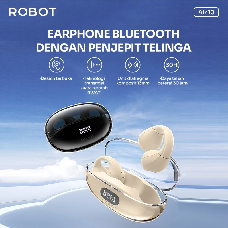 ROBOT TWS Open Ear Clip Style LED Display Earphone Bluetooth 5.3 OWS Air 10 Original - Garansi 1 Tahun