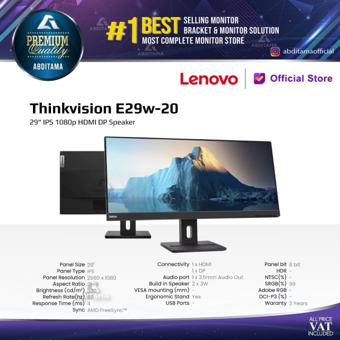 Jual Monitor LED Lenovo Thinkvision E29w-20 Ultrawide - Full HD 29 ...