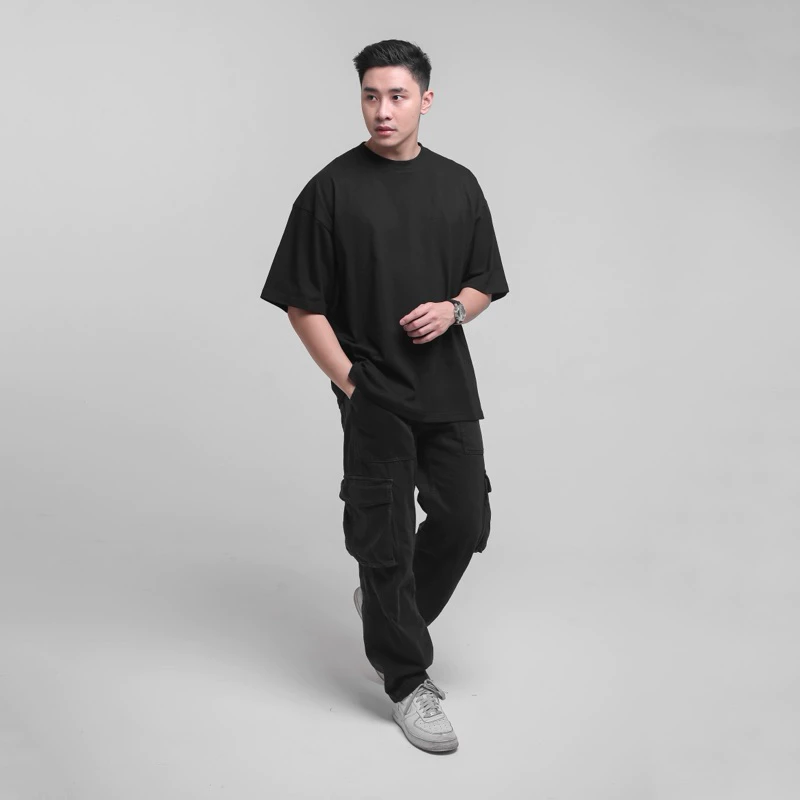 Kaos Oversize Pria Hitam Premium Cotton Combed 20s Tebal foto 6