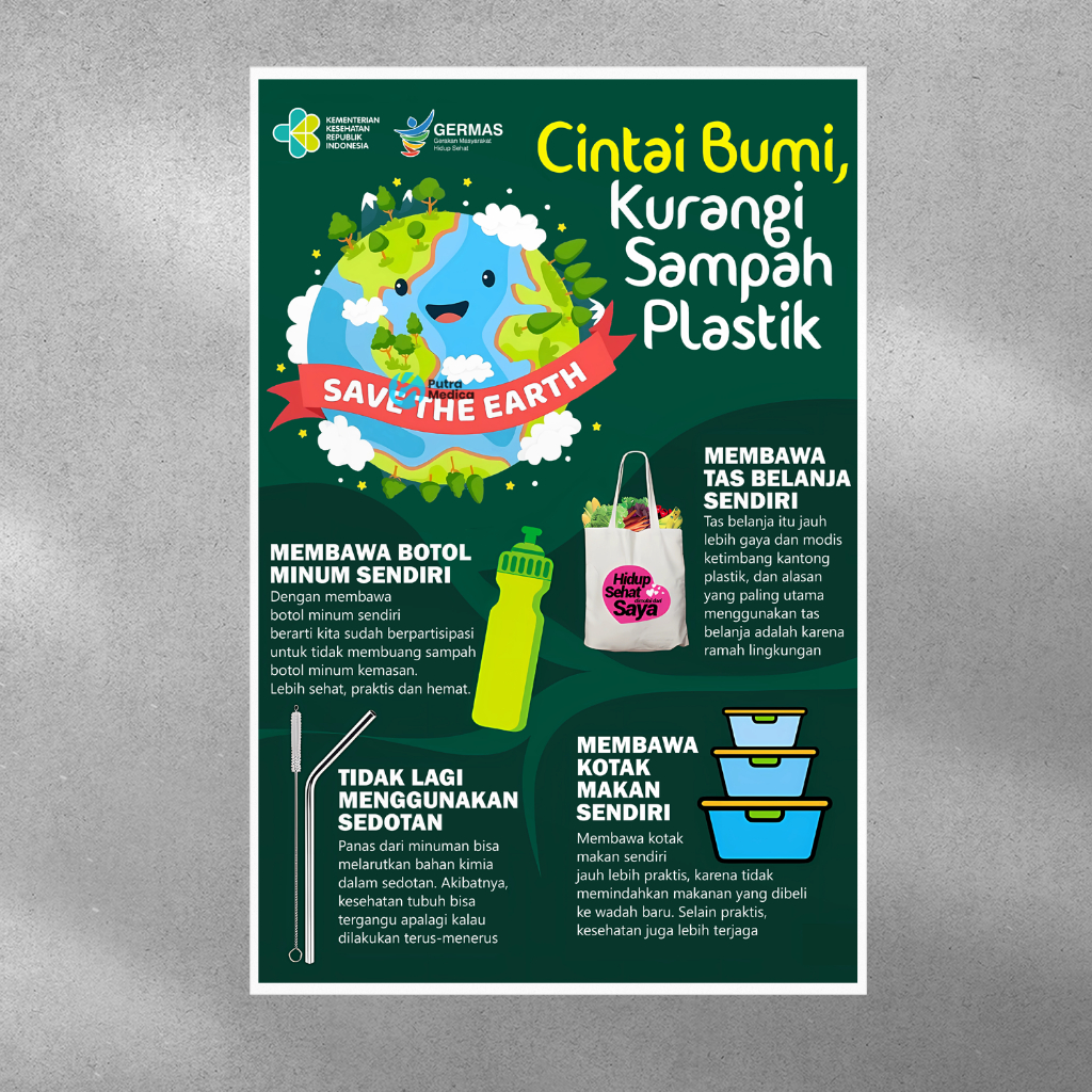 Jual Poster Kesehatan Cintai Bumi Kurangi Sampah Plastik A3+ / Gambar