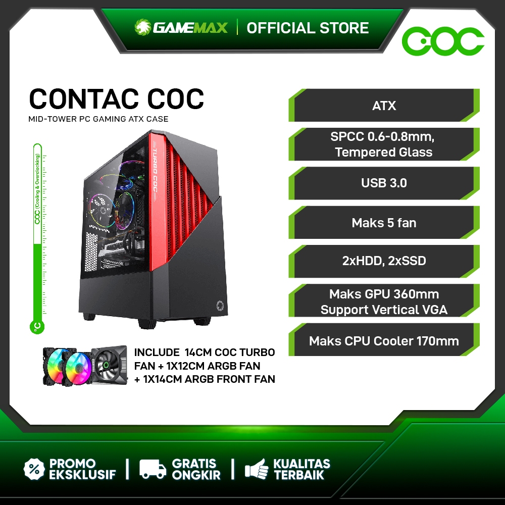 Jual GameMax Contac COC Black Red E-ATX Gaming PC Case With COC Fan ...