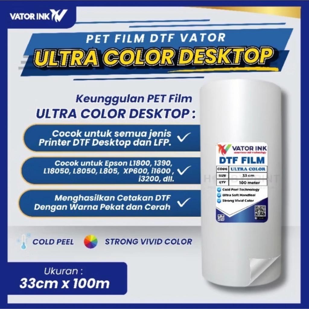 Jual DTF Pet FILM DTF VATOR ULTRA COLOR 33cm x 100m Premium Quality ...