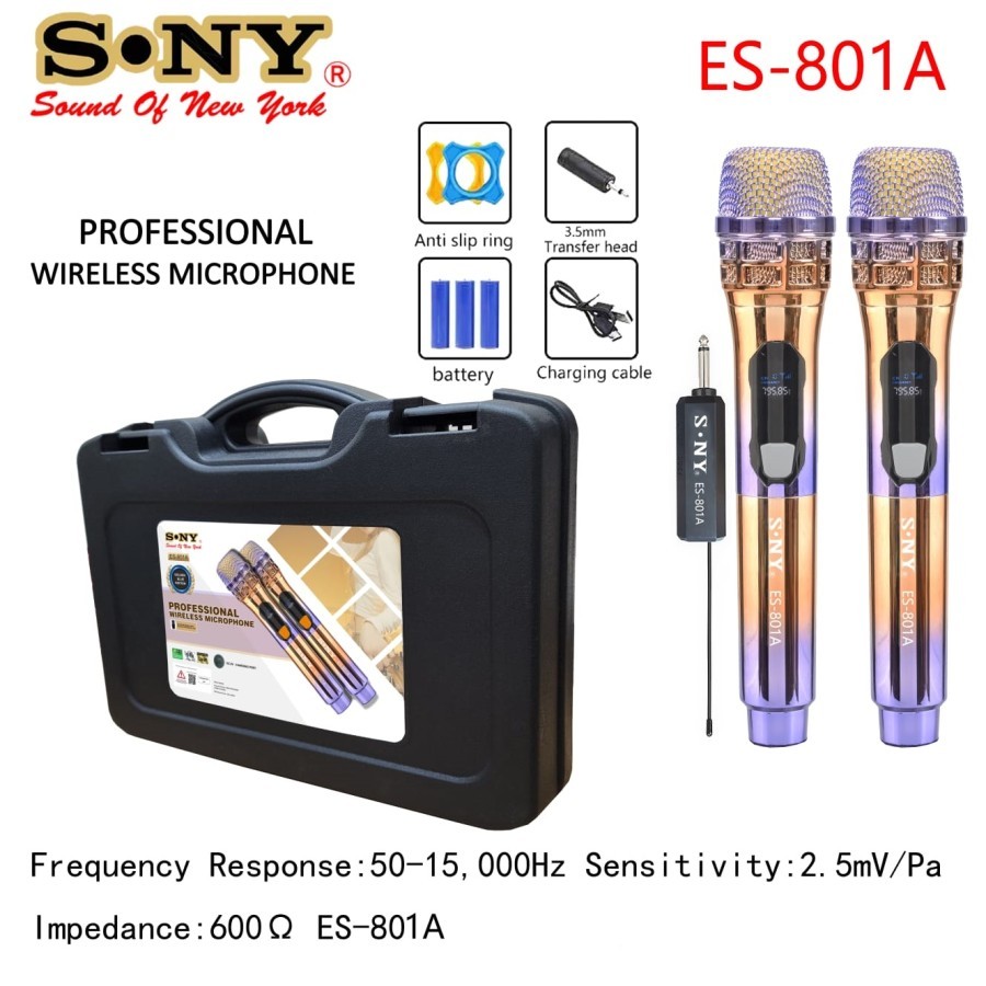 Jual Mic SONY ES-801A UHF Microphone Charger Double Wireless Led ...