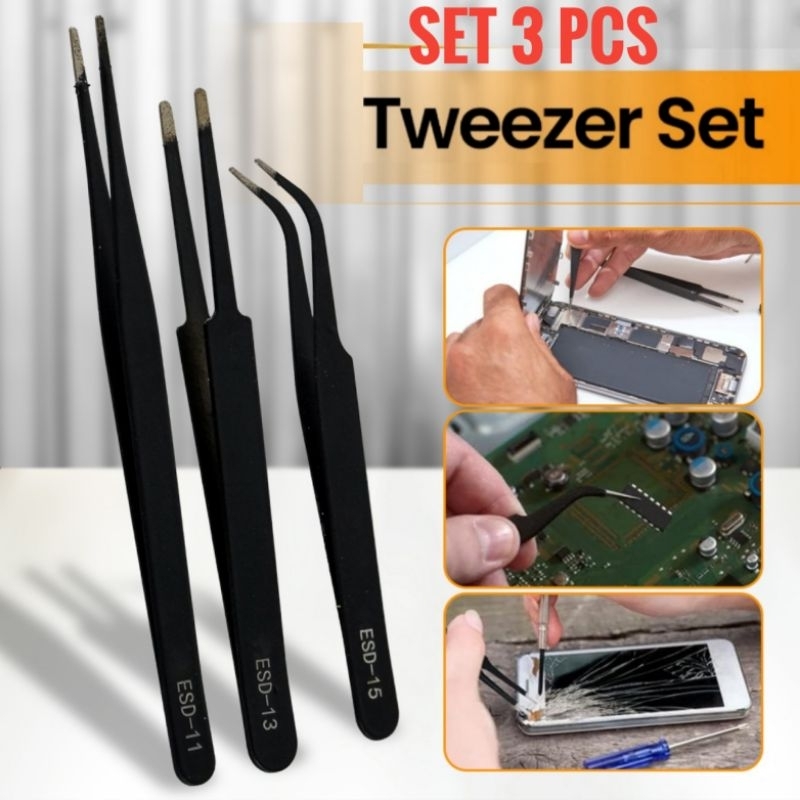 Jual Set 3 Pcs Pinset Penjepit Komponen Elektronik Tweezers | Shopee ...