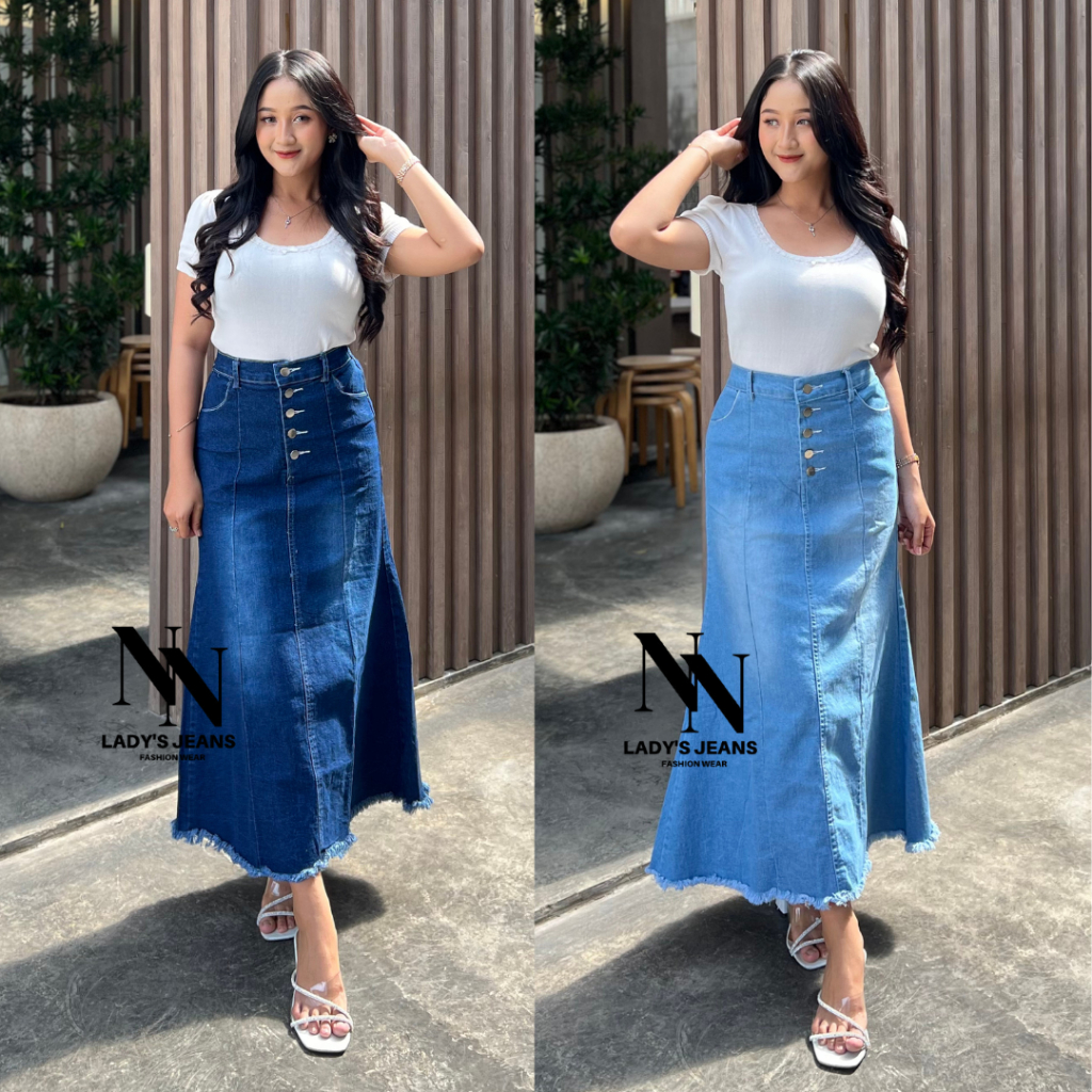 Jual NN - Rok Jeans Wanita Model Duyung Kancing Depan Bawah Rawis blue ...