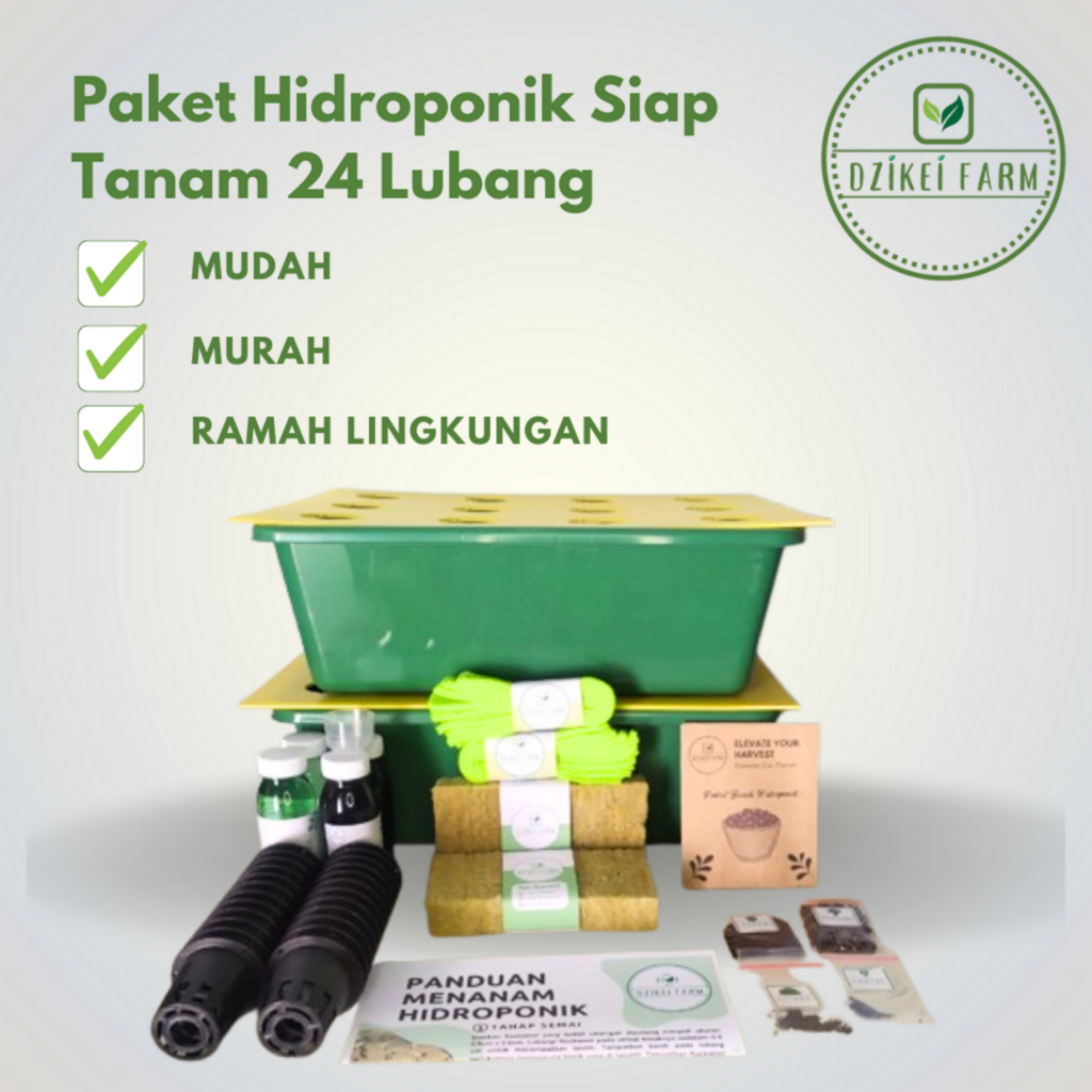 Dzikei Farm Set Paket Hidroponik Lengkap Wick System Untuk Pemula 24 Lubang 2 Bak 4 Jenis Benih