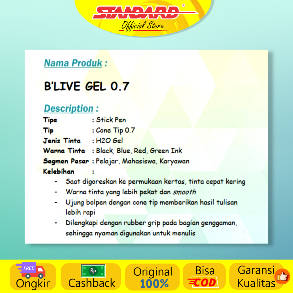Standard - Pulpen Blive Gel 0.7 ( Alat Tulis / Pen / Ballpoint / Pena ) (6)