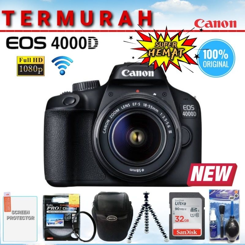 Jual KAMERA CANON EOS 4000D WIFI + LENSA KIT 18-55MM III BERGARANSI DAN
