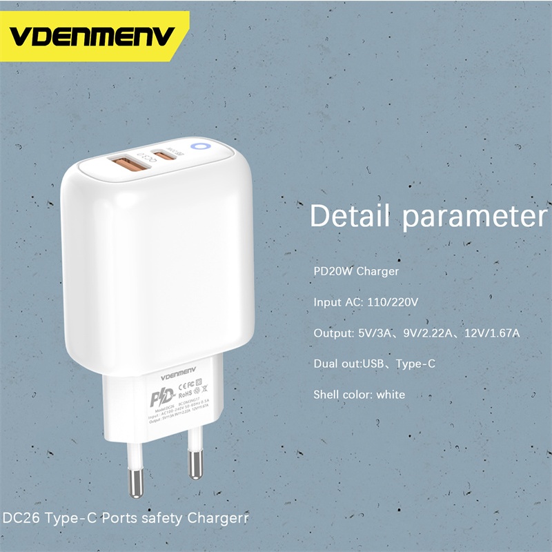 Jual VDENMENV DC26 Charger PD20W QC3.0 Fast Charging Type c EU USB ...