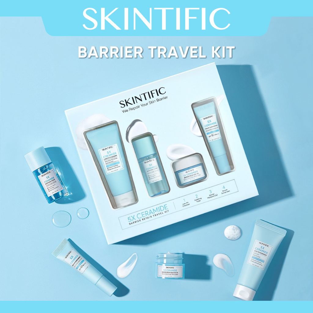 4pcs SKINTIFIC 5X Ceramide Barrier Repair Travel Kit - Moisturizer pelembab wajah Skintific Moisture Gel+ Facial Cleanser pembersih wajah Face Wash + Soothing toner toner wajah + Serum Sunscreen tabir surya wajah Barrier Repair Starter kit