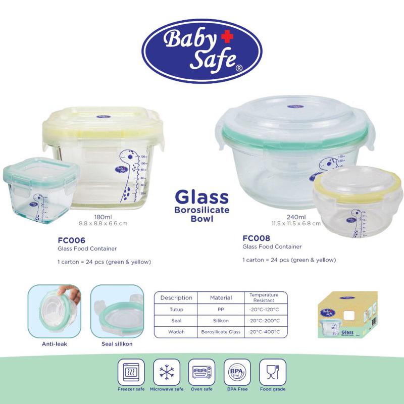 Jual BABYSAFE Glass Food Container 180ml (FC006) & 240ml (FC008) Isi 1 ...