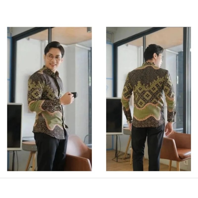 Jual SAGE GREEN. kemeja batik solo pria lengan panjang full furing