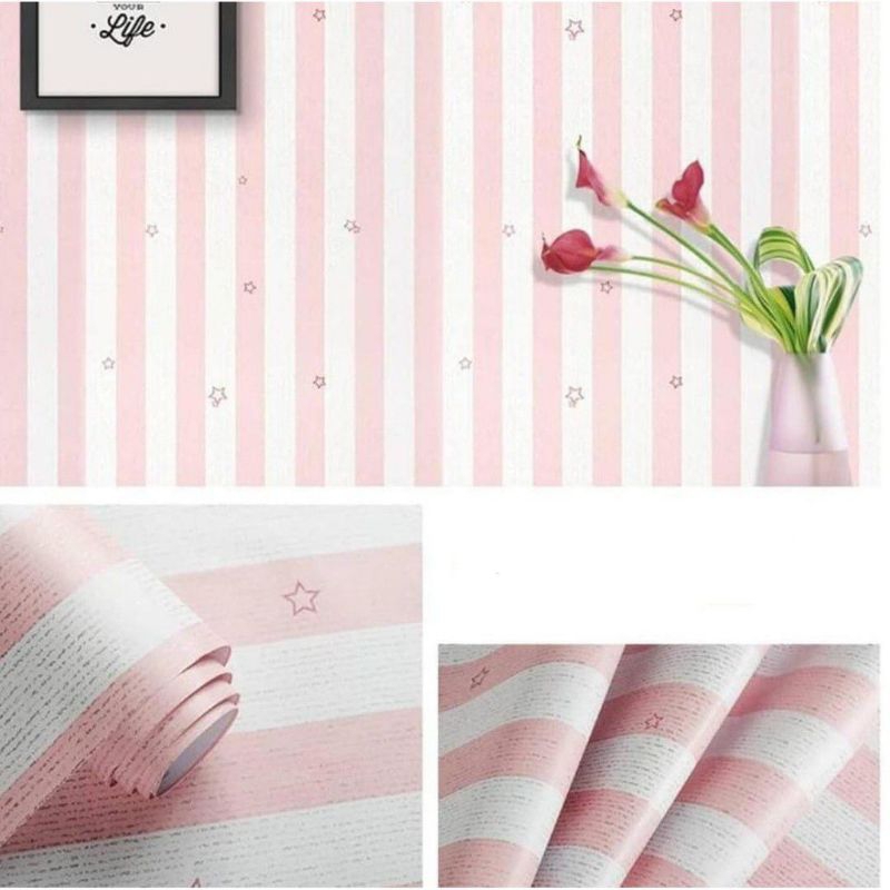 Jual Walpeper Dinding Motif Salur Bintang Pink 45cm X 10m Simple