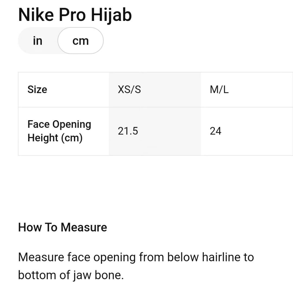 Nike hijab size chart best sale