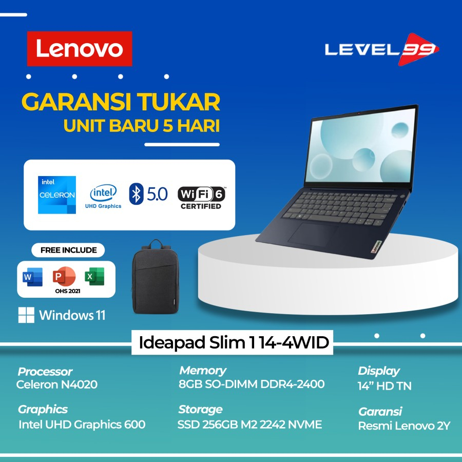 Jual Laptop Lenovo Ideapad Slim 1 14igl7 4wid N4020 8gb 256gb W11 Ohs