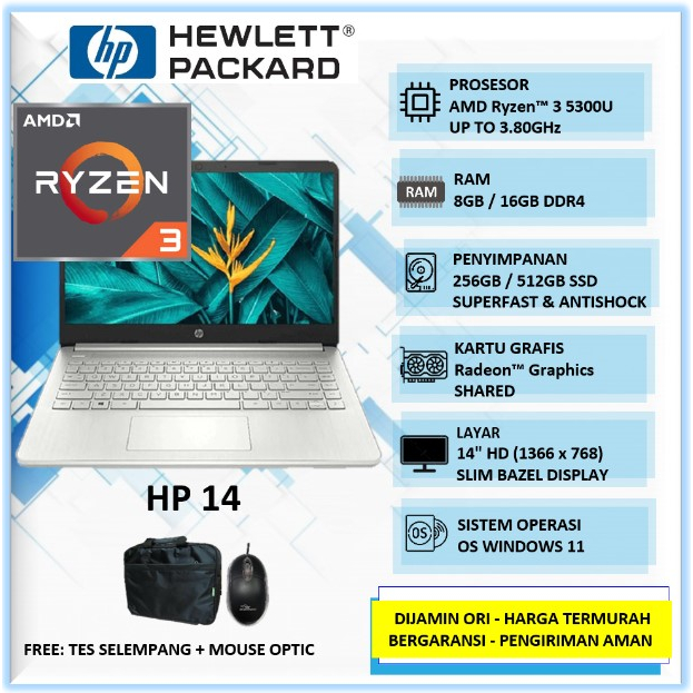 Jual Laptop Desain Grafis Murah HP 14 AMD Ryzen 3 5300U RAM 8GB 16GB