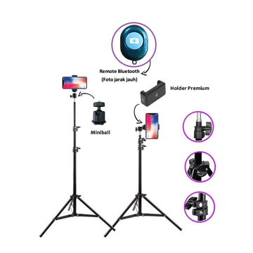 Paket Komplit Tripod 2.1M Mini Ball Head Ball Holder Premium Holder E Tomsis 1 Tombol