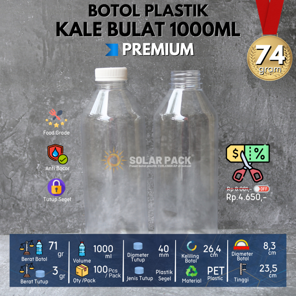 Jual Botol plastik PET 1liter 1000ml kale bulat 72gr premium minuman ...