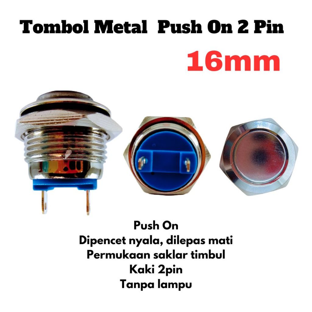 Jual Tombol Metal 16mm Push On 2 Pin Switch Stainless 16 mm Saklar ...