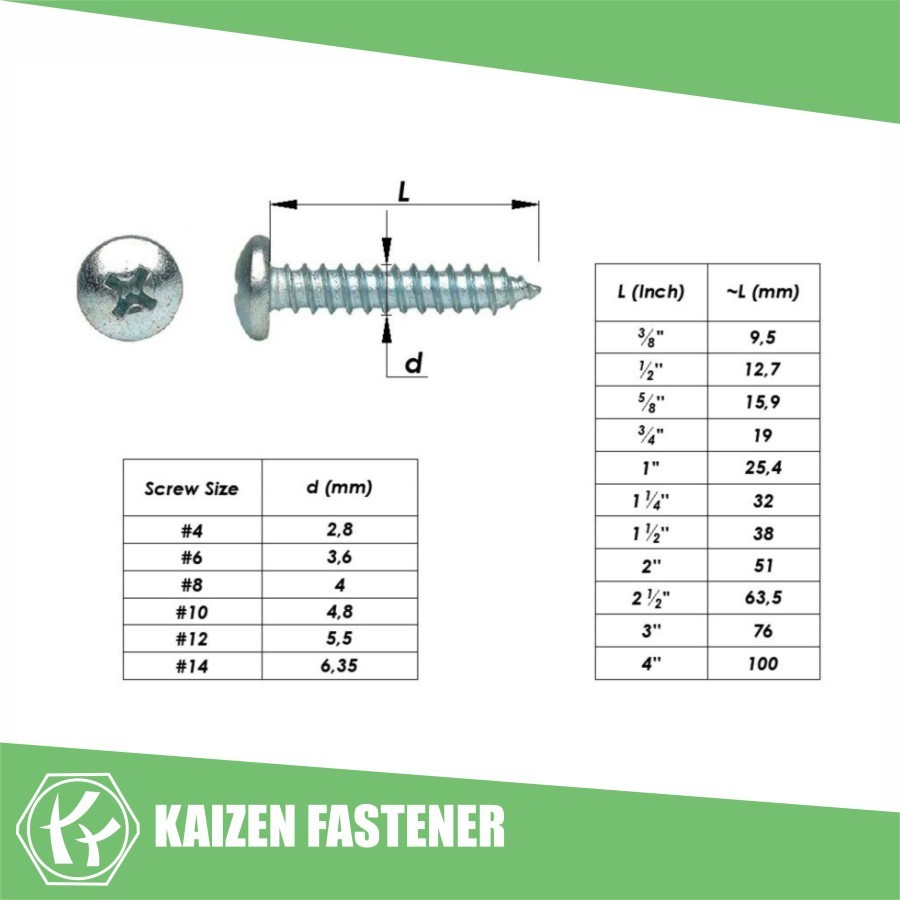 Jual (100pcs) #6x3/8'' Sekrup PH (+) PAB Tapping Screws Kepala bulat ...