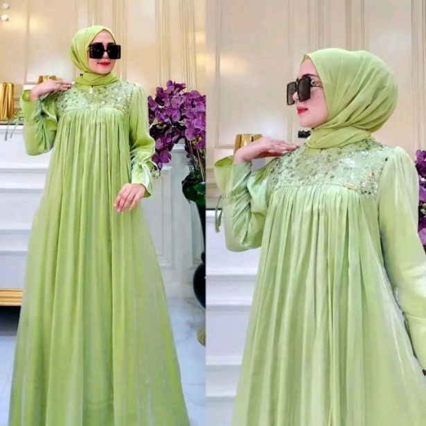 Jual Anggrek Dress Shimer Silk Sataroni Mewah Zipper Belakang Baju