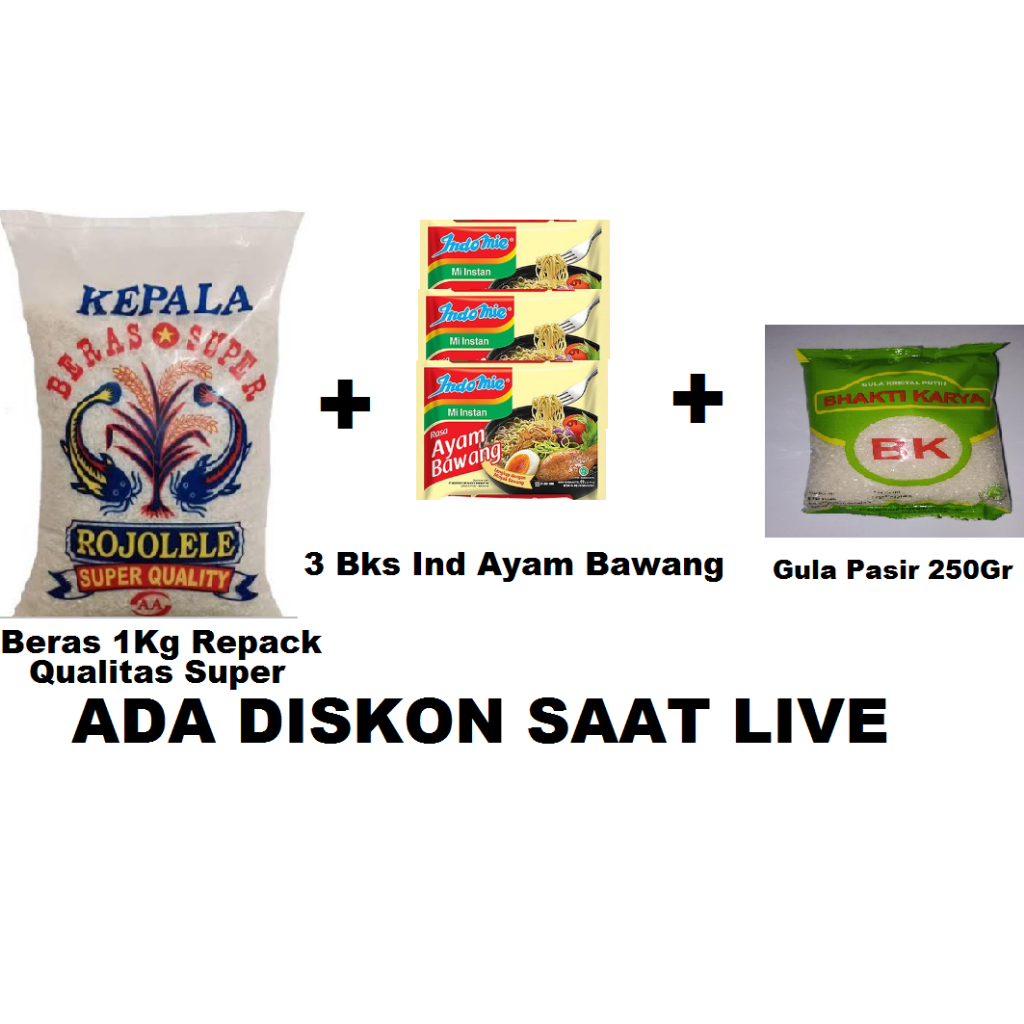 Jual Paket Sembako Murah Beras 1kg + Indomie 3 Bks + Gula Kemasan 250 ...