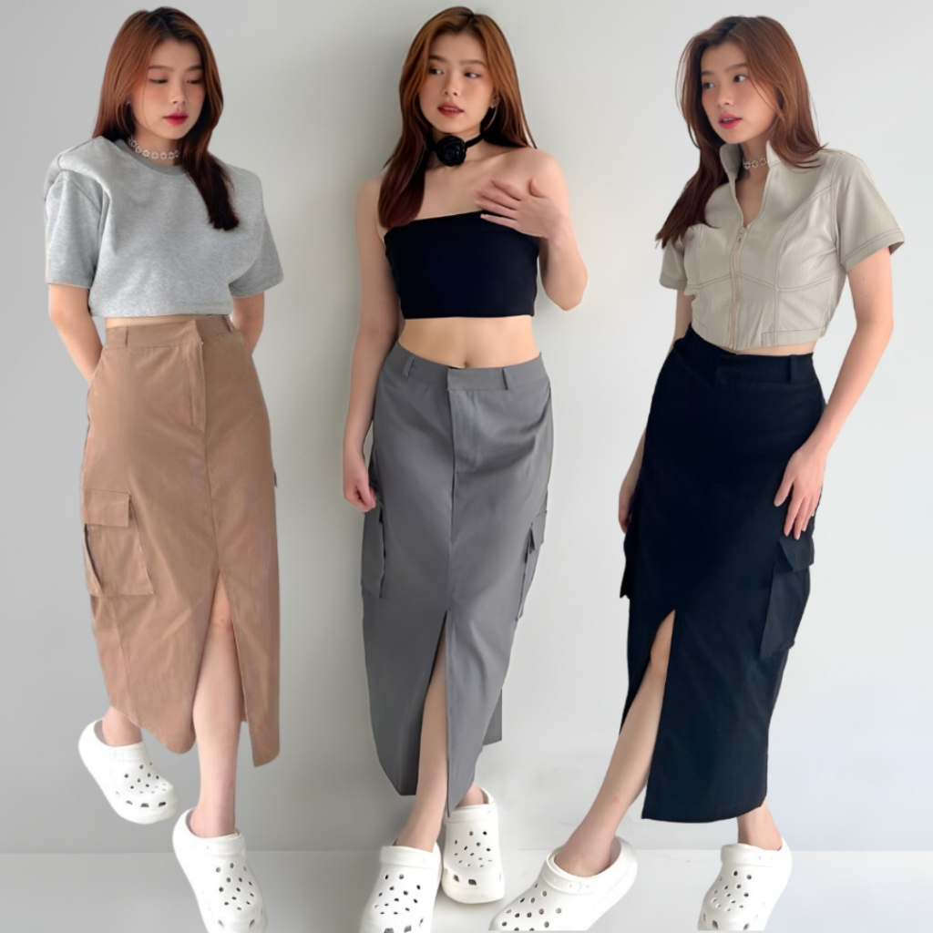 Jual Rok Cargo Belah Cotton Twill Skirt Korean Style Wanita Kekinian ...