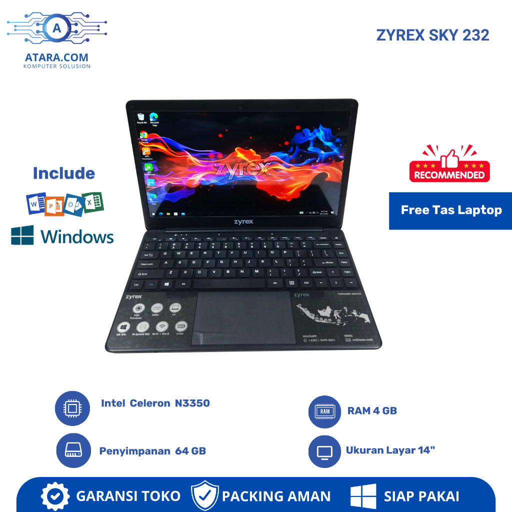 Jual Laptop Zyrex Sky 232, Intel Celeron N3350, Ram 4gb Ssd 64gb