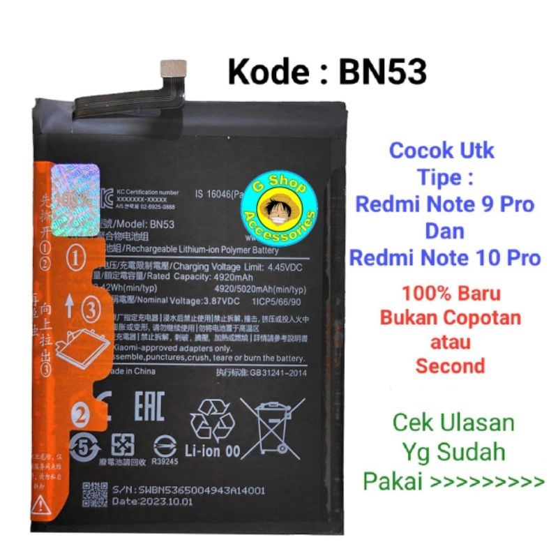 Jual Baterai Redmi Note 9 Pro Note 10 Pro Redmi Note 9pro Batre Bn53 Batre Original Batrai 5736