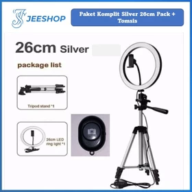 Paket Komplit Live Tripod Silver Pack Ringlight 26cm Pack Remote Bluetooth Make Up Vlog Selfie