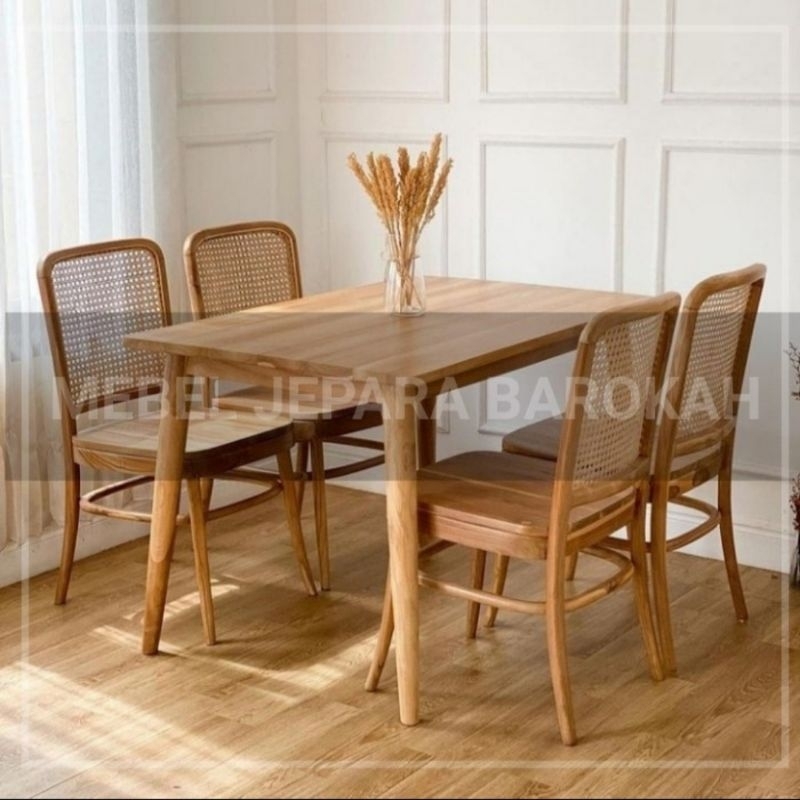 Jual Set Meja Dan Kursi Makan Retro Kayu Jati Kombinasi Rotan Set Meja