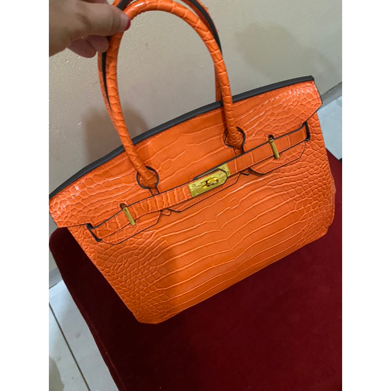 Hermes orange bag real leather grade ori, Barang Mewah, Tas
