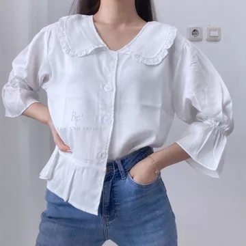NA BI Top Korean Collar Blouse Puffy Sleeves Button Shirt Ruffle Blouse Balon Puff Sleeve 0288
