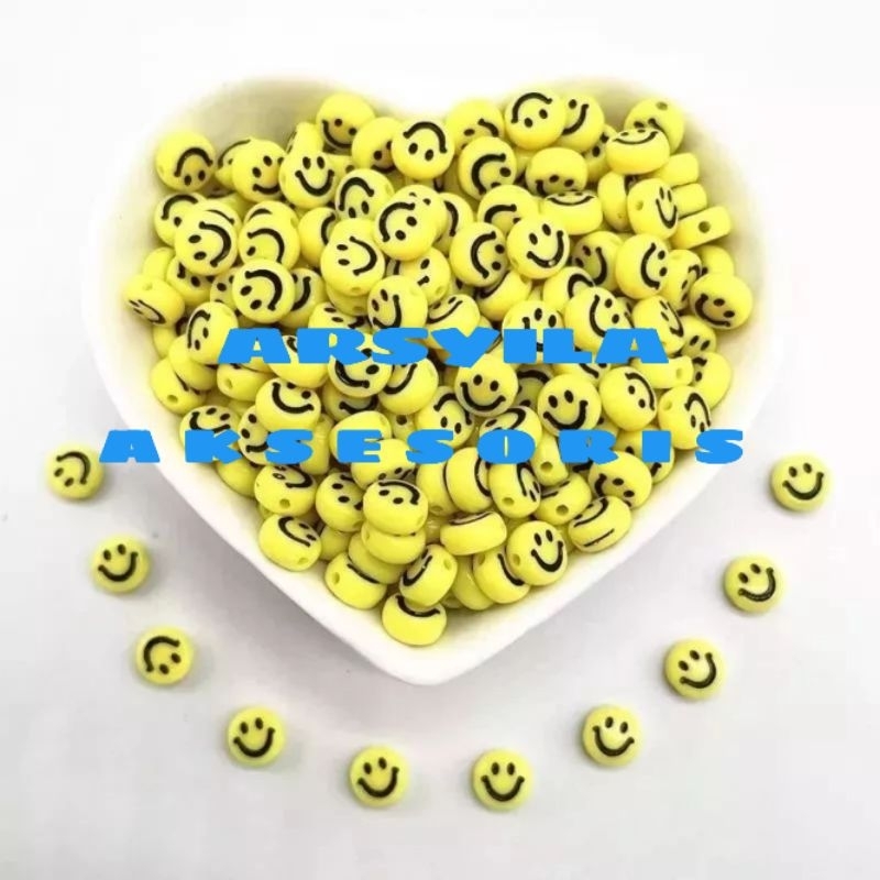 Jual (100 Pcs) Manik Manik Kuning Smile Bulat Pipih Mote Emoji Smile ...