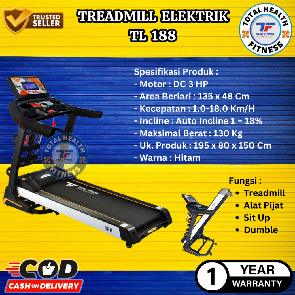 Alat Fitness Treadmill Elektrik TL-188 Electric Treadmill Motor HP Alat  Olahraga Running Machine Total Fitness