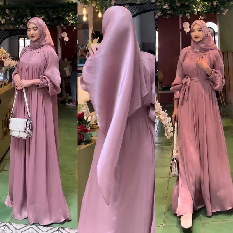 Jual Madina Dress Wanita Terbaru Gamis Wanita Bahan Shimer Silk Premium Aplikasi Tille Payet