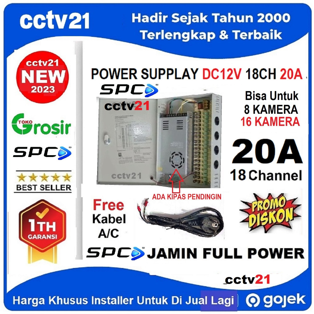 Jual Power Supply PSU Panel Box SPC DC 12V 20A 18CH Free Kabel A/C