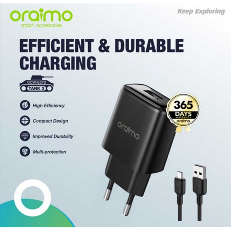 Jual Oraimo Charger Single Port USB Fast Charging 5V 1A Tank 3 Free Micro USB Cable Panjang 1