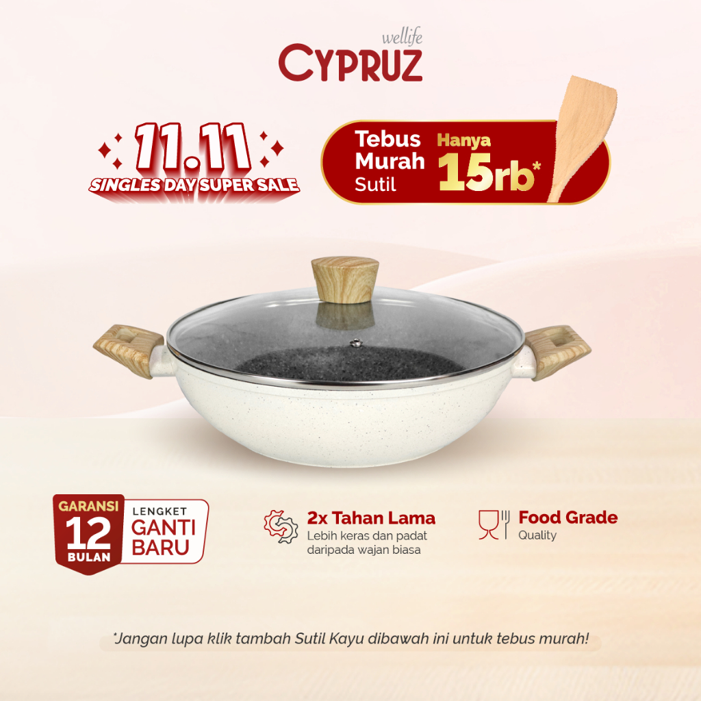 Jual Cypruz Wajan Kuali Tebal Anti Lengket Wok Pan White Granite Series Dengan Tutup Shopee 0934