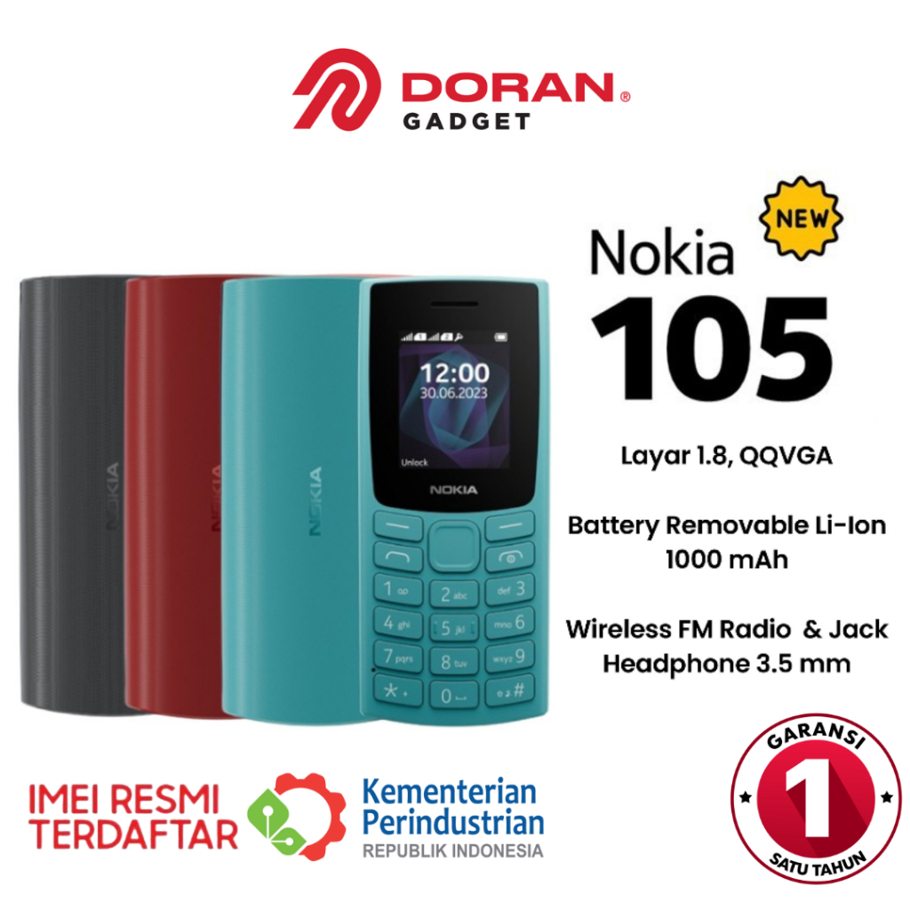 Handphone Hp Nokia 105 (2023) Charcoal | Cyan | Red - Garansi Resmi TAM 1 Tahun