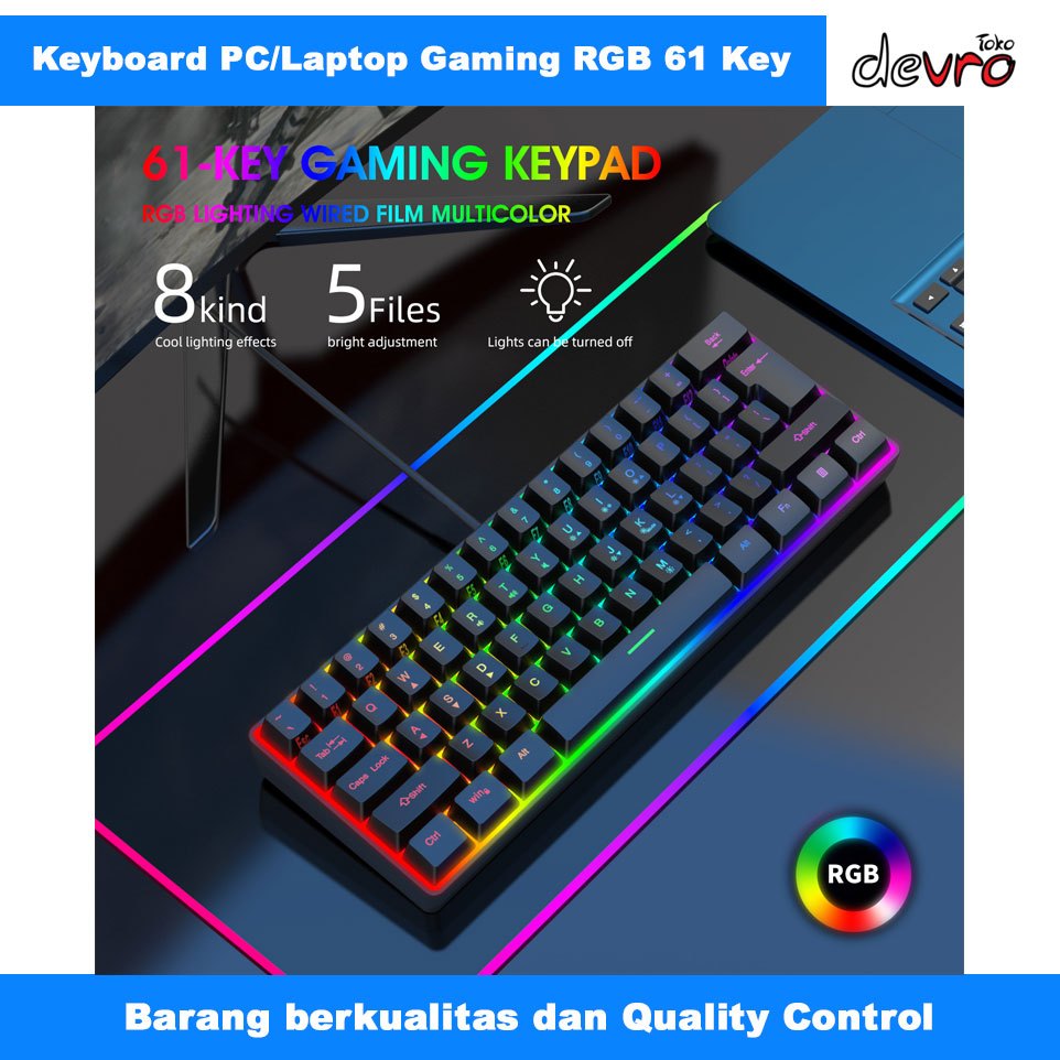 Jual Keyboard Gaming RGB PC / Laptop Backlight Mechanical Feel 61 Key