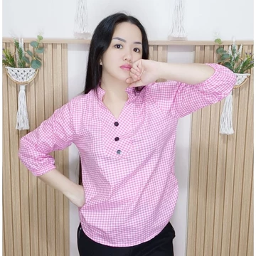 JJJ LYN Blouse Naysoo Atasan Wanita Motif Kotak Atasan Kerja Atasan Kasual