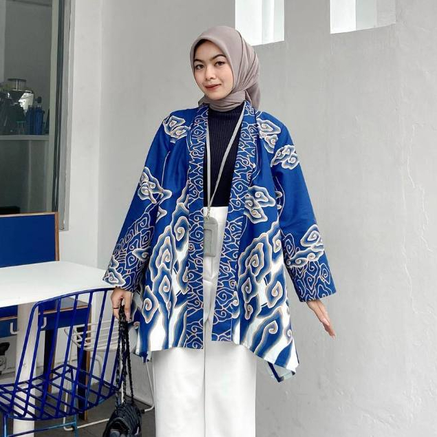 Jual Batik Trusmi Atasan Wanita Outer Batik Mega Mendung Pj Citra Biru