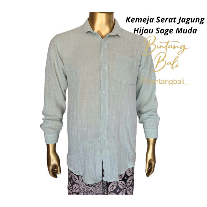 Jual Kemeja Katun Pria Warna Warni Serat Jagung Crinkle Hijau Sage Army