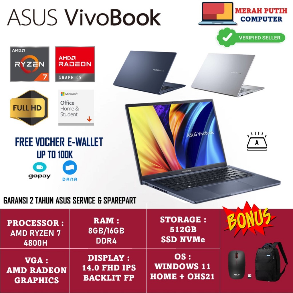Jual ASUS VIVOBOOK 14 M1402IA AMD RYZEN 7 4800H 8GB 512GB SSD FHD VIPS ...