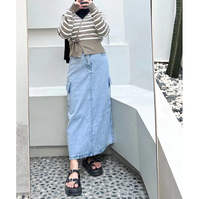 Jual COD Rok Cargo Jeans blue highwaist panjang hijabers | Shopee Indonesia