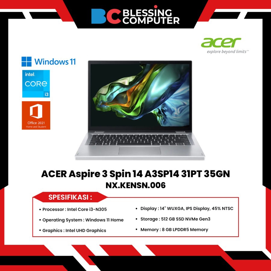 Jual ACER Aspire 3 Spin 14 A3SP14 31PT 35GN Core i3 N305 8GB 512GB W11 ...