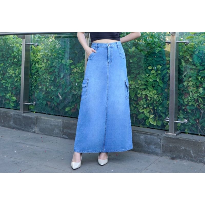 Jual Rok Cargo Jeans Higwaist Panjang Wanita Premium-Rok Cargo Higwaits ...